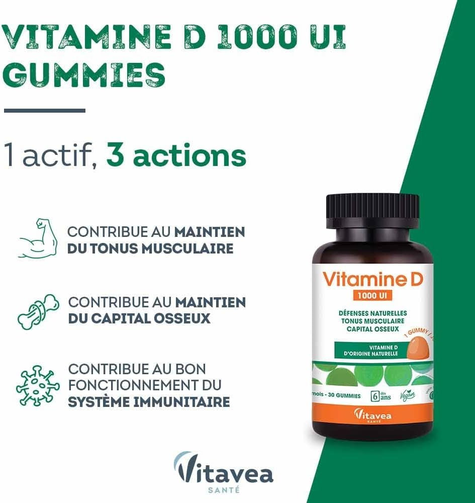 - Gummies Vitamine D 1000 UI - Complément Alimentaire Défenses Naturelles, Immunité, Tonus Musculaire, Capital Osseux - Goût Mangue - Dès 6 Ans - 30 Gummies - 1 Mois - Vegan - Conçu En France