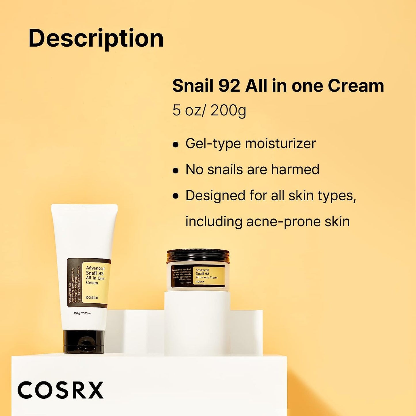 Advanced Snail 92 Crème Tout-En-Un, 7,05 Oz (Grande Taille), Gel Hydratant Quotidien Pour Le Visage Avec Sécrétion De Mucine D'Escargot Pour Peaux Sèches, Sujettes À L'Acné Et Sensibles, 200G