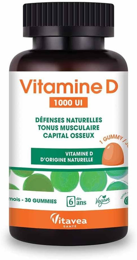 - Gummies Vitamine D 1000 UI - Complément Alimentaire Défenses Naturelles, Immunité, Tonus Musculaire, Capital Osseux - Goût Mangue - Dès 6 Ans - 30 Gummies - 1 Mois - Vegan - Conçu En France