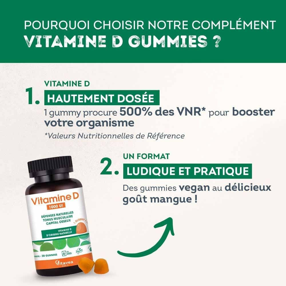 - Gummies Vitamine D 1000 UI - Complément Alimentaire Défenses Naturelles, Immunité, Tonus Musculaire, Capital Osseux - Goût Mangue - Dès 6 Ans - 30 Gummies - 1 Mois - Vegan - Conçu En France
