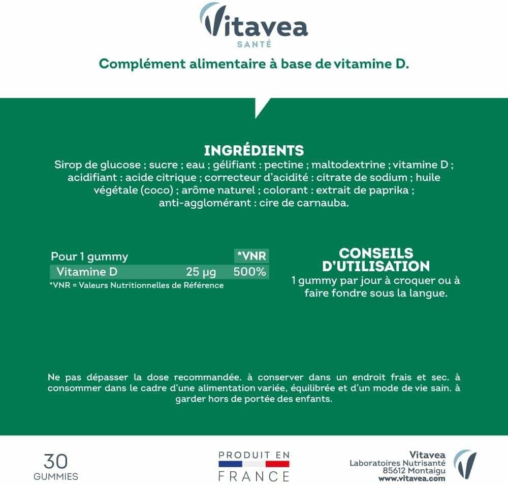 - Gummies Vitamine D 1000 UI - Complément Alimentaire Défenses Naturelles, Immunité, Tonus Musculaire, Capital Osseux - Goût Mangue - Dès 6 Ans - 30 Gummies - 1 Mois - Vegan - Conçu En France