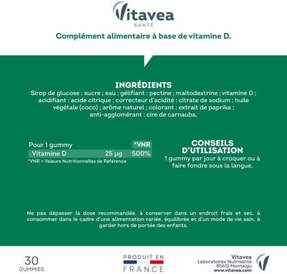 - Gummies Vitamine D 1000 UI - Complément Alimentaire Défenses Naturelles, Immunité, Tonus Musculaire, Capital Osseux - Goût Mangue - Dès 6 Ans - 30 Gummies - 1 Mois - Vegan - Conçu En France