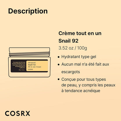 Advanced Snail 92% All in One Cream 100 Ml | Crème Hydratante Avec Bave D'Escargot | Pour anti Rides Peaux D'Acné Et Peau Sèche Soins Pour Le Visage De Jour Femme | Coréen Korean Skincare