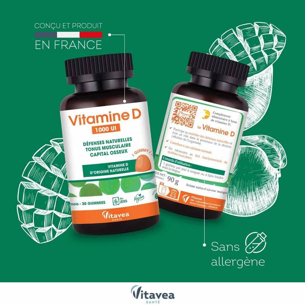 - Gummies Vitamine D 1000 UI - Complément Alimentaire Défenses Naturelles, Immunité, Tonus Musculaire, Capital Osseux - Goût Mangue - Dès 6 Ans - 30 Gummies - 1 Mois - Vegan - Conçu En France